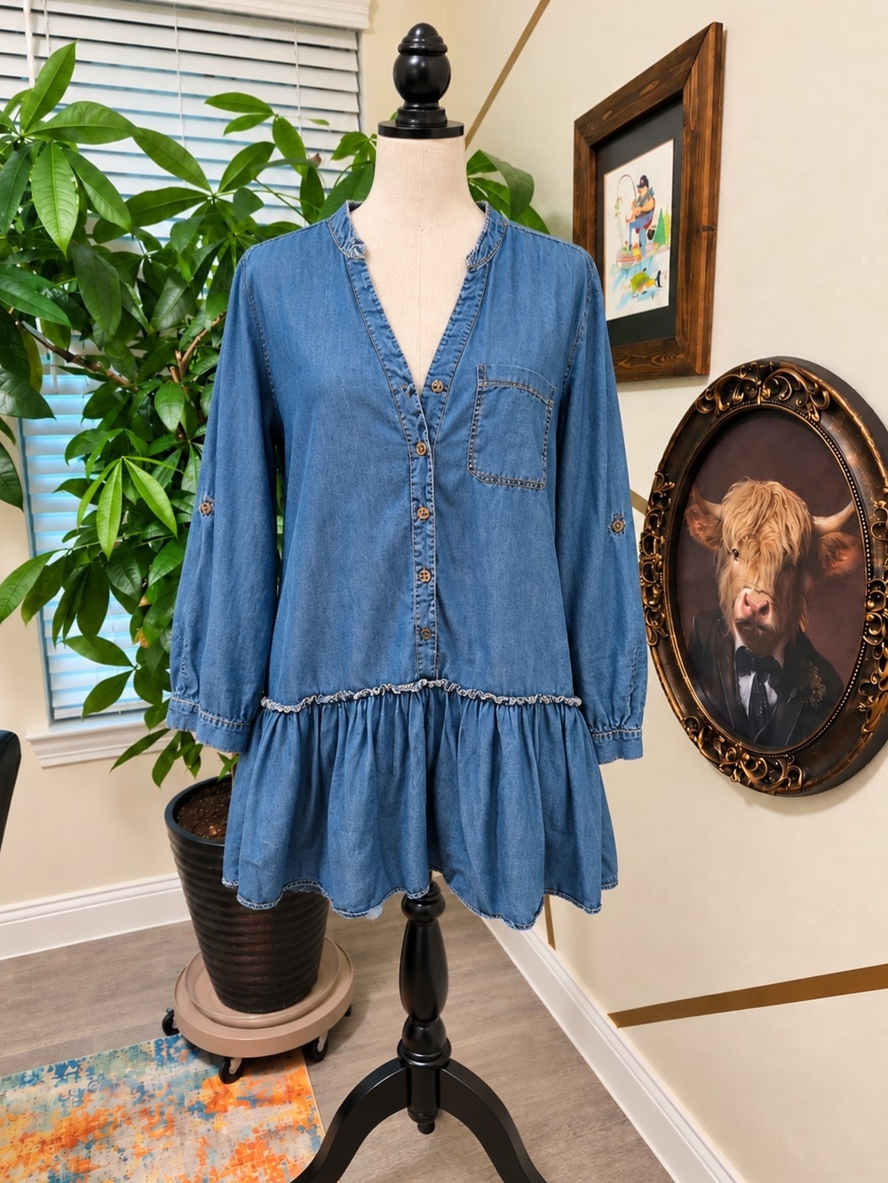 Denim Button-Front Peplum Tunic Dress - Blue